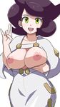  :d big_hair breast_lift breastless_clothes breasts breasts_outside capelet collarbone cowboy_shot curvy dress framed_breasts green_eyes highres large_breasts looking_at_viewer nakaba nipples no_eyewear open_mouth pokemon pokemon_(game) pokemon_sm purple_hair short_hair simple_background skirt smile solo teeth tongue white_background white_skirt wicke_(pokemon) 