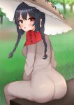  1girl ajirogasa ass black_hair braid breasts capelet dress grey_dress hat highres kasoka_soka long_earlobes long_hair looking_at_viewer red_capelet red_eyes sitting touhou twin_braids yatadera_narumi 