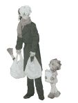  1boy 1girl bag black_jack_(character) black_jack_(series) blush bob_cut bow coat eye_contact groceries grocery_bag hair_bow hair_over_one_eye height_difference highres holding holding_bag kager_en loafers long_sleeves looking_at_another looking_down looking_to_the_side looking_up medium_hair mittens multicolored_hair multiple_hair_bows muted_color one_eye_covered open_mouth paper_bag pinoko scarf shoes shopping_bag short_hair simple_background stitched_face stitches two-tone_hair walking white_background 