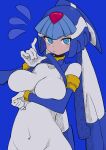  1girl absurdres android blue_eyes blush bodysuit breasts buzzlyears clothes_lift covered_navel crop_top fairy_leviathan_(mega_man) forehead_jewel helmet highres large_breasts looking_at_viewer mega_man_(series) mega_man_zero_(series) shirt_lift solo white_bodysuit 