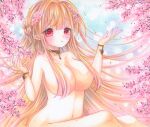  1girl :o absurdres blush breasts cherry_blossoms choker cleavage collarbone completely_nude hair_censor hair_over_breasts highres large_breasts long_hair marker_(medium) nude orange_hair original outdoors pointy_ears red_eyes sitting solo traditional_media very_long_hair yuuki_hana_(jtnp5334) 