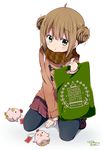  :3 ahoge artist_name bag bangs bird black_legwear blush brown_coat brown_hair brown_scarf brown_skirt cat chick chinese_zodiac coat commentary_request copyright_name dated double_bun duffel_coat eyebrows_visible_through_hair green_eyes holding holding_bag kneeling looking_at_viewer ootani_nyuu pantyhose parted_lips plaid plaid_scarf pleated_skirt ragho_no_erika scarf signature simple_background skirt solo stuffed_animal stuffed_chicken stuffed_toy sukurizo! tareme white_background year_of_the_rooster 