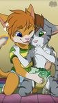  anthro blue_eyes blush brown_hair cat claws clothing cub diaper duo embrace feline fur green_eyes grey_fur hair kneeling male mammal one_eye_closed open_mouth orange_fur orange_hair paws rubbing sibling smile sucking teeth thumb_suck tongue urine wet_diaper young yuniwolfsky 