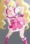  1girl blonde_hair boots breasts choker cleavage closed_mouth collarbone cure_peach earrings fresh_precure! fuchi_(nightmare) hair_ornament hand_on_own_hip heart heart_earrings heart_hair_ornament highres jewelry knee_boots large_breasts long_hair looking_at_viewer magical_girl momozono_love pink_choker pink_eyes pink_footwear pink_skirt pink_wrist_cuffs precure puffy_short_sleeves puffy_sleeves short_sleeves skirt smile solo standing wrist_cuffs 