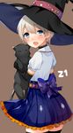  :&lt; =_= aozora_nan bangs black_gloves black_legwear blonde_hair blue_eyes blue_skirt blush brown_background cat character_name collar elbow_gloves eyebrows_visible_through_hair frilled_skirt frills from_behind gloves hair_between_eyes halloween hat high-waist_skirt highres holding holding_cat kantai_collection looking_at_viewer looking_back open_mouth pleated_skirt short_hair simple_background skirt smile solo thighhighs witch_hat z1_leberecht_maass_(kantai_collection) 