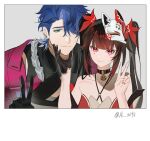  1boy 1girl al_2698 bare_shoulders bell black_choker black_gloves blue_hair bow brown_hair choker collarbone criss-cross_halter fox_mask gloves gradient_hair green_eyes hair_bow halterneck hand_on_another&#039;s_chin hand_up highres honkai:_star_rail honkai_(series) long_hair looking_at_viewer mask mask_on_head multicolored_hair nail_polish neck_bell pink_eyes polaroid red_bow red_hair red_nails sampo_koski short_hair sidelocks single_glove sparkle_(honkai:_star_rail) twintails twitter_username v 