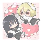  &gt;_&lt; 2girls black_hair black_ribbon black_sailor_collar black_skirt blonde_hair blue_eyes blush_stickers border brown_footwear chibi closed_eyes closed_mouth egg_(food) english_commentary falling food food_on_head fried_egg hair_between_eyes heart heart_background highres long_hair looking_at_viewer multiple_girls mushroom mushroom_on_head object_on_head open_mouth outline outstretched_arms pink_background pleated_skirt red-framed_eyewear ribbon round_eyewear sailor_collar school_uniform semi-rimless_eyewear serafuku shimeji_simulation shimejimee short_hair skirt smile socks spread_arms tsukishima_shijima twitter_username valentine white_border white_footwear white_outline white_serafuku white_socks yamashita_majime 