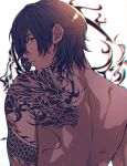  1boy arm_tattoo back_tattoo brown_hair dark-skinned_male dark_skin dragon_tattoo facing_away from_behind highres light_particles looking_at_viewer looking_back male_focus ookurikara personification short_hair signature solo sytir tattoo toned toned_male touken_ranbu upper_body white_background yellow_eyes 