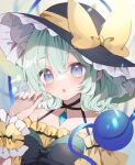  1girl black_headwear bow frilled_hat frills green_eyes green_hair hat hat_bow heart heart_of_string komeiji_koishi open_mouth re_re_merry short_hair solo third_eye touhou upper_body yellow_bow 