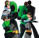  2boys absurdres ass back bara batman batman_(series) black_bodysuit black_cape black_gloves black_hair blush bodysuit brown_hair bruce_wayne cape closed_eyes closed_mouth couple dc_comics domino_mask english_text gloves green_bodysuit green_lantern green_lantern_(series) grey_bodysuit hal_jordan haljordanmylove highres hug large_pectorals male_focus mask multiple_boys muscular muscular_male open_mouth pectorals short_hair simple_background sitting smile superhero teeth two-tone_bodysuit white_background white_gloves yaoi 