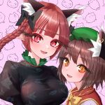  2girls :d absurdres animal_ear_fluff animal_ear_piercing animal_ears black_bow bow bowtie braid breasts brown_hair cat cat_day cat_ears cat_girl chen extra_ears fang green_headwear hair_bow hat highres kaenbyou_rin large_breasts long_eyelashes looking_at_viewer mob_cap multiple_girls open_mouth orange_eyes pink_background pointy_ears red_eyes short_hair smile sugar_you touhou upper_body yellow_bow yellow_bowtie 