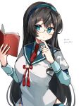  1girl black_hair blue_hairband blue_sailor_collar book epaulettes glasses green_eyes hairband highres hip_vent kantai_collection katsuobushi_(eba_games) layered_sleeves long_hair long_sleeves looking_at_viewer necktie ooyodo_(kancolle) red_necktie sailor_collar sailor_shirt school_uniform semi-rimless_eyewear serafuku shirt short_over_long_sleeves short_sleeves simple_background solo translation_request under-rim_eyewear upper_body white_background white_shirt 