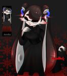  1girl black_dress black_hair character_name chromatic_aberration closed_eyes cowboy_shot domino_mask dress hand_up inkling jessika_(splatoon) long_hair long_sleeves mask pointy_ears ribonhaato shadow solo splatoon_(series) splatoon_3 suction_cups tentacle_hair very_long_hair 