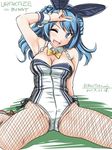  2017 alternate_costume animal_ears blue_eyes blue_hair bow bowtie breasts bunny_girl bunny_tail bunnysuit cleavage dated detached_collar double_bun fake_animal_ears fishnet_pantyhose fishnets kantai_collection large_breasts leotard one_eye_closed pantyhose sitting solo spread_legs tail tatsumi_ray twitter_username urakaze_(kantai_collection) wariza wrist_cuffs 
