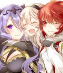  arm_around_neck armor black_armor camilla_(fire_emblem_if) cheek-to-cheek commentary_request female_my_unit_(fire_emblem_if) fire_emblem fire_emblem_if girl_sandwich hair_over_one_eye hinoka_(fire_emblem_if) hug long_hair mamkute multiple_girls my_unit_(fire_emblem_if) purple_hair red_eyes red_hair rojiura-cat sandwiched short_hair siblings sisters 