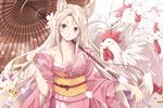  animal animal_ears bird chicken chinese_zodiac collarbone highres holding holding_pipe japanese_clothes kimono kiseru light_smile long_hair looking_at_viewer oriental_umbrella original pipe red_eyes rooster satomi solo umbrella white_hair year_of_the_rooster 
