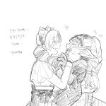  2girls blush braid drill_hair fang frills from_side greyscale gwen_(league_of_legends) highres layered_sleeves league_of_legends long_hair long_sleeves monochrome multiple_girls poppy_(league_of_legends) short_over_long_sleeves short_sleeves smile translation_request twin_braids twin_drills upper_body xayahsona_27 yordle 