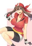  artist_name belt bike_shorts blue_eyes breasts brown_hair cleavage gloves haruka_(pokemon) highres holding holding_poke_ball large_breasts long_hair looking_at_viewer multicolored multicolored_clothes multicolored_gloves poke_ball poke_ball_(generic) pokemon pokemon_(game) pokemon_rse smile solo stormcow thighs 
