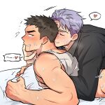  2boys anal bara blush couple finger_in_another&#039;s_mouth from_side greg_(dart_0001) happy_sex heart highres hugging_object kai_(dart_0001) lying male_focus multiple_boys on_stomach original out-of-frame_censoring pillow pillow_hug profile prone_bone purple_hair saliva second-party_source sex short_hair sideburns smile spoken_heart sweat tank_top thick_eyebrows upper_body very_sweaty wasted_m9 white_background white_tank_top yaoi 