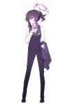  1girl absurdres black_footwear black_pants black_vest blue_archive breasts closed_mouth collared_shirt full_body hair_between_eyes halo haruka_(blue_archive) haruka_(suit)_(blue_archive) highres long_hair long_sleeves medium_breasts mmhomm necktie pants purple_eyes purple_hair purple_halo red_necktie shirt shoes simple_background solo vest white_background white_shirt 