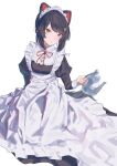  1girl :&lt; absurdres animal_ears apron arisaki_(cnxy7525) black_dress black_hair breasts brown_eyes collared_dress dress hair_ornament heterochromia highres inui_toko inui_toko_(7th_costume) juliet_sleeves long_sleeves maid_apron maid_headdress neck_ribbon nijisanji puffy_sleeves raised_eyebrows red_eyes ribbon short_hair simple_background sitting small_breasts solo teapot virtual_youtuber white_background 