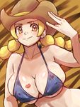  &gt;:) bare_arms bare_shoulders bikini blonde_hair blue_bikini blush breasts brown_hat cleavage closed_mouth covered_nipples cowboy_hat deep_skin hat heart heart-shaped_pupils large_breasts lipstick_mark long_hair midriff nakaba npc_trainer pokemon pokemon_(game) pokemon_breeder_(pokemon) pokemon_sm shiny shiny_skin smile solo swimsuit symbol-shaped_pupils twintails underboob v-shaped_eyebrows yellow_eyes 