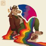 2023 ambiguous_gender anthro barefoot bisexual_pride_colors bottomwear bovid brown_body brown_fur brown_hair canid canine canis caprine clothing digital_drawing_(artwork) digital_media_(artwork) domestic_dog ear_tag eyes_closed feet flag_(object) fur gus_(moomoonjun) hair hi_res horn hybrid lgbt_pride mammal moomoonjun pride_colors short_hair simple_background solo topwear watermark