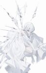  1girl bare_shoulders commentary_request crystal_wings dress elbow_gloves expressionless gloves highres original pointy_ears raivarune short_hair solo white_dress white_eyes white_gloves white_hair white_theme wings 