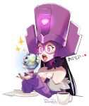  1girl animification breasts cheesecakes_by_lynx cleavage coffee_mug cup dress earth_(planet) fantastic_four galacta giant giantess helm helmet highres marvel marvel_vs._capcom mug planet purple_footwear space strapless strapless_dress 