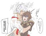  2boys ahoge anger_vein bracelet brown_hair commentary_request granblue_fantasy hair_between_eyes hood hood_down jewelry jitome lucio_(granblue_fantasy) lucio_(summer)_(granblue_fantasy) makita_(homosapiensu) male_focus messy_hair motion_lines multiple_boys sandalphon_(granblue_fantasy) scared shaded_face short_hair sparkling_eyes speech_bubble sweatdrop tan translation_request upper_body wet wet_clothes white_background white_hair 