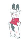  anthro balls black_fur blush clothed clothing clothing_lift cub erection fur hoodie humanoid_penis lagomorph lambent male mammal navel partially_retracted_foreskin penis rabbit red_eyes shirt shirt_lift simple_background solo standing tongue tongue_out uncut white_fur young 