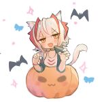  1girl animal_ears antenna_hair arknights beiwushide_lr blush_stickers chibi claw_pose fang halloween hands_up highres kemonomimi_mode looking_at_viewer multicolored_hair no_nose open_mouth orange_eyes pumpkin red_hair short_hair simple_background sketch_background solo streaked_hair tail tail_raised tank_top w_(arknights) white_background white_hair white_tail white_tank_top 