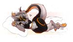 2024 ambiguous_gender anthro black_body black_fur claws digital_media_(artwork) eye_through_hair f-r95 fluffy fluffy_hair fur grey_body grey_fur grey_hair hair heart_symbol inviting long_tail looking_at_viewer lying machine on_side orange_claws orange_pawpads pawpads paws pillow protogen seductive signature simple_background smile solo tail thick_thighs translucent translucent_hair