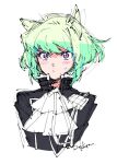  &gt;:( 1boy androgynous animal_ears artist_name ascot black_jacket closed_mouth green_hair jacket light_blush lio_fotia looking_at_viewer male_focus medium_hair otoko_no_ko pink_eyes promare sidelocks sketch solo v-shaped_eyebrows white_ascot white_background zekkyou_(h9s9) 