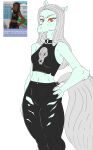 2024 alternate_species amber_eyes anthro bottomwear cavemanon_studios clothing digital_drawing_(artwork) digital_media_(artwork) equid equine eyeliner fang_(gvh) female fingers fluffy fluffy_tail fur goodbye_volcano_high grey_body grey_fur hair halter_top hand_on_hip hand_on_own_hip hi_res horse long_hair long_tail looking_at_viewer makeup mammal navel nuar_come_mundos pants silver_hair silver_tail simple_background snoot_game snout solo tail torn_bottomwear torn_clothing torn_pants white_background