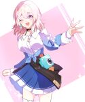  1girl ;d absurdres arm_at_side black_choker blue_eyes blue_jacket blue_skirt bra_strap breasts buttons choker cowboy_shot earrings hand_up highres honkai:_star_rail honkai_(series) jacket jewelry long_sleeves looking_at_viewer march_7th_(honkai:_star_rail) one_eye_closed open_mouth pink_eyes pink_hair pleated_skirt rectangle shirt sidelocks simple_background single_earring skirt smile solo sparkle standing taro_(303_taroo) teeth thigh_strap tied_jacket two-tone_eyes upper_teeth_only white_background white_shirt 