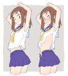  1girl :3 angry annoyed armpits arms_up ass bare_back blue_sailor_collar blue_skirt blush border breasts brown_eyes brown_hair closed_mouth commentary cowboy_shot cropped_legs embarrassed grey_background highres light_smile looking_at_viewer looking_to_the_side medium_hair midriff midriff_peek multiple_views neckerchief no_bra no_panties nose_blush okano_kei open_clothes open_shirt open_skirt outside_border pleated_skirt puffy_short_sleeves puffy_sleeves sailor_collar school_uniform serafuku short_sleeves sideboob sidelocks simple_background skirt small_breasts solo_focus stretching twisted_torso two-tone_sailor_collar uasi unzipped v-shaped_eyebrows v-shaped_eyes white_border white_sailor_collar yellow_neckerchief yuyushiki yuyushiki&#039;s_school_uniform 