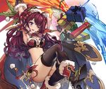  :3 ahoge armpits arms_up black_gloves black_legwear blue_eyes blush boots box breasts brown_hair cape clarisse_(granblue_fantasy) clarisse_(granblue_fantasy)_(cosplay) commentary_request cosplay gift gift_box gloves granblue_fantasy hat high_heel_boots high_heels ichinose_shiki idolmaster idolmaster_cinderella_girls jehyun long_hair medium_breasts navel one_eye_closed santa_hat skirt smile solo thighhighs twintails 