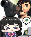  1girl 1other :3 aiming aiming_at_viewer ambiguous_gender animegao black_hair black_jacket blazer blue_eyes blush_stickers bow bowtie brown_eyes chibi clover collared_shirt computer cosplay foreshortening four-leaf_clover gun handgun holding holding_gun holding_weapon jacket jazz_jack kigurumi laptop long_hair nazono_mito nijisanji no_sclera open_mouth pink_bow pink_bowtie projected_inset school_uniform shirt signature smile spoken_symbol tsukino_mito tsukino_mito_(1st_costume) virtual_youtuber weapon wig 