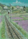  absurdres blue_sky cherry_blossoms cloud cloudy_sky day field flower flower_field forest grass highres nature no_humans original painting_(medium) purple_flower railroad_tracks scenery sky tanamachi_yoshihiro traditional_media traffic_light train tree utility_pole yellow_flower 