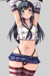  1girl armpits arms_behind_head arms_up asashio_(kancolle) black_hair black_hairband black_neckerchief black_panties blue_eyes blue_sailor_collar blue_skirt blush breasts cosplay crop_top elbow_gloves embarrassed gloves grey_background hairband highleg highleg_panties highres kantai_collection long_hair looking_at_viewer microskirt miniskirt mizuki_(uzuki_no_sato) neckerchief one-hour_drawing_challenge panties sailor_collar shimakaze_(kancolle) shimakaze_(kancolle)_(cosplay) simple_background skirt solo striped_clothes striped_thighhighs thighhighs underwear white_gloves 