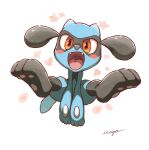 2022 ambiguous_gender anthro black_body blue_arms blue_body blue_fingers blue_tail fangs generation_4_pokemon irago iris multicolored_body nintendo open_mouth open_smile pawpads pink_tongue pokemon pokemon_(species) pupils riolu signature smile solo tail teeth tongue