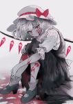  1girl artist_name back_bow blood blood_on_face blood_on_leg bow closed_mouth commentary english_commentary flandre_scarlet from_side full_body hat hat_ribbon highres hugging_own_legs leaning_forward looking_at_viewer mary_janes medium_hair mob_cap puffy_short_sleeves puffy_sleeves red_eyes red_ribbon ribbon shirt shoes short_sleeves simple_background skirt socks solo spot_color theheavenpit touhou vest white_background wings 