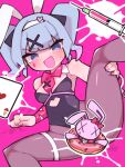  1girl :d ace_(playing_card) ace_of_hearts animal_ears bare_shoulders black_leotard black_pantyhose black_ribbon blue_eyes blue_hair blunt_bangs blush bow bowtie card clothing_aside clothing_cutout cutout_above_navel detached_collar hair_ornament hair_ribbon hairclip hatsune_miku heart heart-shaped_pupils heart_cutout highleg highleg_leotard highres leotard leotard_aside multicolored_hair nail_polish necktie pantyhose pink_background pink_bow pink_bowtie pink_hair pink_necktie pink_ribbon playboy_bunny playing_card rabbit_ears rabbit_hole_(vocaloid) ribbon simple_background smile solo spaghetti_strap spread_legs streaked_hair suggestive_fluid suiran_(suiran2822) sweelan symbol-shaped_pupils syringe teardrop_facial_mark twintails two-tone_hair x_hair_ornament 