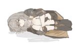  1girl ankle_boots black_coat black_footwear black_gloves boots coat empty_eyes gloves grey_hair highres honkai:_star_rail honkai_(series) hugging_own_legs long_hair lying on_side parted_lips shirt simple_background solo stelle_(honkai:_star_rail) trailblazer_(honkai:_star_rail) white_background white_shirt yellow_eyes zikoman_syumi 