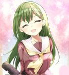  1girl ^_^ arms_behind_back blurry blurry_background breasts brown_dress cherry_blossoms closed_eyes collarbone commentary_request corrupted_twitter_file double-parted_bangs dress facing_viewer graduation green_hair hair_ornament hairclip hasu_no_sora_school_uniform highres holding leaning_forward link!_like!_love_live! long_hair long_sleeves love_live! medium_breasts neckerchief oogami_sachi open_mouth pleated_dress sailor_collar sailor_dress school_uniform single_sidelock smile solo straight_hair tube white_sailor_collar winter_uniform yangus_(2143077) yellow_neckerchief 
