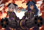  2girls animal_ears blue_eyes blue_hair breasts checkered_clothes copyright_name cosmic_break cosplay explosion fake_animal_ears gatling_gun gloves gun high_side_ponytail highres holding holding_gun holding_weapon jester large_breasts light_blue_hair logo long_hair looking_at_viewer mecha_musume multiple_girls necktie open_mouth patty_lop patty_lop_(cosplay) rabbit_ears rexaws robot_ears smile smoke smoking_gun thighhighs weapon white_gloves yellow_eyes 