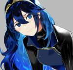 1girl aisutabetao black_sweater blue_eyes blue_hair blush_stickers brand_of_the_exalt closed_mouth fire_emblem fire_emblem_awakening grey_background hair_between_eyes leaning_forward long_hair long_sleeves looking_at_viewer lucina_(fire_emblem) ribbed_sweater smile solo sweater symbol_in_eye tiara turtleneck turtleneck_sweater upper_body 