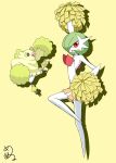  arm_up bird bob_cut cheerleader colored_skin gardevoir green_hair highres looking_at_viewer mega_gardevoir mega_pokemon open_mouth oricorio oricorio_(pom-pom) pleated_skirt pokemon pokemon_(creature) pom_pom_(cheerleading) red_eyes shabana_may signature simple_background skirt smile white_skin yellow_background 
