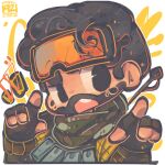 1boy absurdres apex_legends artist_name black_eyes black_gloves black_hair black_scarf chibi dated facial_hair fingerless_gloves gloves goatee goggles goggles_on_head hair_behind_ear highres jrpencil male_focus mirage_(apex_legends) pointing portrait scarf shirt solo yellow_shirt 